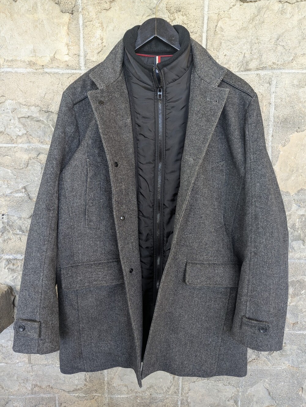 Daniel Hechter Men's Charcoal Gray Wool Blend Overcoat with Black Quilted Liner